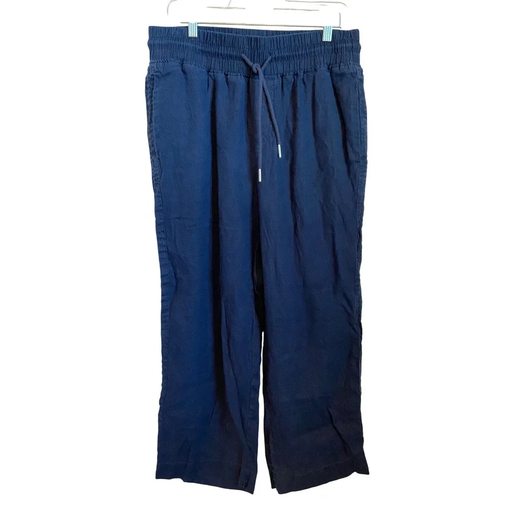 Quince Navy Blue 100% Linen Wide Leg Drawstring Elastic Waist Pants Womens L - Picture 1 of 5